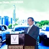 Thủ tướng Phạm Minh Chính phát biểu tại Lễ trưng bày và giới thiệu thương hiệu ôtô điện Vinfast. (Ảnh: Dương Giang/TTXVN)