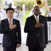 Bộ trưởng Quốc phòng Nhật Bản Minoru Kihara người người đồng cấp Lloyd Austin của Mỹ. (Nguồn: Kyodo)