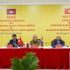 Lãnh đạo Văn phòng liên lạc qua biên giới (BLO) Mộc Bài, Xa Mát, tỉnh Tây Ninh, Việt Nam và Văn phòng BLO Bavet (tỉnh Svay Rieng), Văn phòng BLO Trapeang Phlong (tỉnh Tboung Khmum) thuộc Vương quốc Campuchia chủ trì hội nghị. (Ảnh: TTXVN phát)