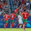 Tiền đạo Rahimi Soufiane (9) ăn mừng sau khi mở tỷ số cho Olympic Maroc. (Ảnh: Hoàng Linh/TTXVN)