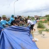 Người dân tích cực đắp cát, bạt qua đê để ngăn lũ. (Ảnh: Thanh Thương/TTXVN)