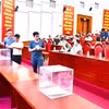 Phiên đấu giá 51 thửa đất tại xã Liên Mạc, huyện Mê Linh, Hà Nội, ngày 28/6. (Ảnh: TTXVN phát)