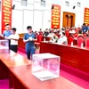 Phiên đấu giá 51 thửa đất tại xã Liên Mạc, huyện Mê Linh, Hà Nội, ngày 28/6. (Ảnh: TTXVN phát)