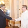 Bộ trưởng Ngoại giao Cuba Bruno Rodríguez Parrilla và Đại sứ Việt Nam tại Cuba Lê Quang Long. (Ảnh: Việt Hùng/TTXVN)