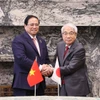 Thủ tướng Phạm Minh Chính gặp Chủ tịch Thượng viện Nhật Bản Otsuji Hidehisa. (Ảnh: Dương Giang/TTXVN)