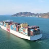 Siêu tàu container M/V OOCL SPAIN hành trình từ phao số 0 vào cảng Gemalink (cụm cảng Cái Mép-Thị Vải, thị xã Phú Mỹ, tỉnh Bà Rịa-Vũng Tàu). (Ảnh: TTXVN phát)