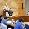 Sáng 21/2/2024, tại Hà Nội, Chủ tịch Quốc hội Vương Đình Huệ chủ trì cuộc họp để nghe trình bày quá trình xây dựng và hoàn thiện Dự án Luật Công nghiệp quốc phòng, an ninh và động viên công nghiệp. (Ảnh: Nhan Sáng/TTXVN)
