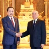 Chủ tịch Quốc hội Trần Thanh Mẫn và Quốc vương Campuchia Norodom Sihamoni chụp ảnh chung. (Ảnh: Doãn Tấn/TTXVN)