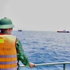 Các chiến sỹ Bộ Chỉ huy Bộ đội biên phòng tỉnh Quảng Ngãi tìm kiếm các nạn nhân còn mất tích trong vụ chìm sà lan. (Ảnh: TTXVN phát)