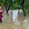 Một người đàn ông lội qua nước lũ ở Sylhet, Bangladesh. (Nguồn: AFP)