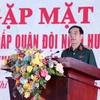Đại tướng Phan Văn Giang, Ủy viên Bộ Chính trị, Bộ trưởng Bộ Quốc phòng, phát biểu tại họp mặt. (Ảnh: Thu Hương/TTXVN)