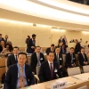 Bộ trưởng Ngoại giao Bùi Thanh Sơn và Đại sứ phái đoàn thường trực Việt Nam tại Geneva Mai Phan Dũng cùng đoàn công tác của Việt Nam tham dự Phiên họp cấp cao Khóa họp thường kỳ thứ 55 của Hội đồng Nhân quyền LHQ. (Ảnh: Nguyễn Anh Hiển/TTXVN)