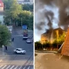 Cảnh tượng nổ súng trên đường phố ở Makhachkala, miền nam nước Nga và những đám khói bốc lên từ một tòa nhà ở Derbent, Nga, hôm 23/6. (Nguồn: Reuters)