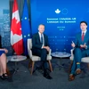 Ủy viên phụ trách thương mại của Liên minh châu Âu Cecilia Malmstrom, Chủ tịch Hội đồng châu Âu Donald Tusk và Thủ tướng Justin Trudeau. (Nguồn: The Canadian Press)