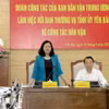 Bí thư Trung ương Đảng, Trưởng Ban Dân vận Trung ương Bùi Thị Minh Hoài phát biểu tại buổi làm việc với Ban Thường vụ Tỉnh ủy Yên Bái. (Ảnh: Việt Dũng/TTXVN)