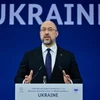 Thủ tướng Ukraine Denys Shmyhal phát biểu tại cuộc họp báo ở Berlin, Đức. (Ảnh: AFP/TTXVN)