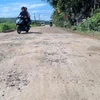 Mặt đường ĐH10 bong tróc, gồ ghề gây khó khăn cho người và phương tiện tham gia giao thông. (Ảnh: Đinh Hương/TTXVN)