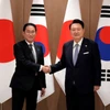 Tổng thống Hàn Quốc Yoon Suk Yeol và Thủ tướng Nhật Bản Fumio Kishida bắt tay trong cuộc gặp tại Văn phòng Tổng thống ở Seoul, (Hàn Quốc), ngày 6/6/2024. (Nguồn: Reuters)