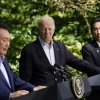 Thủ tướng Nhật Bản Fumio Kishida (phải), Tổng thống Mỹ Joe Biden (giữa), Tổng thống Hàn Quốc Yoon Suk Yeol tại cuộc gặp họp báo ở Trại David, Maryland (Mỹ), ngày 18/8/2023. (Ảnh: AFP/TTXVN)