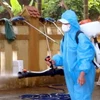 Phun hóa chất phòng chống dịch bệnh sau lũ tại huyện Lệ Thủy, Quảng Bình. (Ảnh: TTXVN phát)