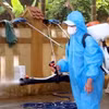 Phun hóa chất phòng chống dịch bệnh sau lũ tại huyện Lệ Thủy, Quảng Bình. (Ảnh: TTXVN phát)