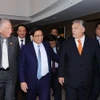 Thủ tướng Phạm Minh Chính và Thủ tướng Hungary Viktor Orbán tham dự Diễn đàn Doanh nghiệp Việt Nam-Hungary. (Ảnh: Dương Giang/TTXVN)