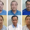 Các bị can bị khởi tố (từ trái qua): Lê Quang Thung, Huỳnh Trung Trực, Phạm Văn Thành Nguyễn Thị Gái, Nguyễn Công Tài, Nguyễn Trọng Cảnh. (Ảnh: Bộ Công an)