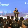 Bà Nguyễn Thị Thu Hiền, Phó Tổng Giám đốc Đài Truyền hình Việt Nam, phát biểu tại một hội thảo trong khuôn khổ Liên hoan Truyền hình Toàn quốc lần thứ 41. (Ảnh: Minh Thu/TTXVN)