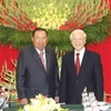 Sáng 3/7/2018, tại Trụ sở Trung ương Đảng, Tổng Bí thư Nguyễn Phú Trọng đón và hội đàm với Tổng Bí thư, Chủ tịch nước Lào Bounnhang Vorachith. (Ảnh: Trí Dũng/TTXVN)
