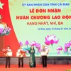 Thừa ủy quyền của Chủ tịch nước, Phó Chủ tịch nước Võ Thị Ánh Xuân trao tặng Huân chương Lao động hạng Nhì cho 3 đồng chí nguyên là lãnh đạo tỉnh Cà Mau. (Ảnh: Huỳnh Anh/TTXVN)