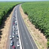 Các phương tiện di chuyển chậm kéo dài vài km trên cao tốc Phan Thiết-Dầu Giây. (Ảnh: Lê Xuân/TTXVN)