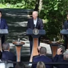 Tổng thống Hàn Quốc Yoon Suk Yeol (trái), Tổng thống Mỹ Joe Biden (giữa) và Thủ tướng Nhật Bản Fumio Kishida (phải) tại cuộc họp báo chung sau cuộc gặp ở Trại David, Maryland, Mỹ, ngày 18/8/2023. (Ảnh: Yonhap/TTXVN)
