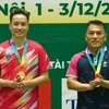 Cặp đôi Nguyễn Trang Dũng (Báo Công an Nhân dân) và Đặng Ngọc Hải (Hội Nhà báo Hà Nội) giành huy chương Vàng nội dung đôi nam Giải Vô địch Bóng bàn Hội Nhà báo Việt Nam năm 2024. (Ảnh: Việt Anh/Vietnam+)