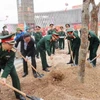 Phó Chủ tịch Thường trực Quốc hội Trần Thanh Mẫn, Đại tướng Phan Văn Giang, Bộ trưởng Bộ Quốc phòng, Đại tướng Lương Cường, Chủ nhiệm Tổng cục Chính trị Quân đội Nhân dân Việt Nam và các đại biểu tham gia trồng cây. (Ảnh: Trọng Đức/TTXVN)