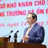Thủ tướng Phạm Minh Chính phát biểu chỉ đạo Hội nghị triển khai nhiệm vụ điều hành chính sách tiền tệ năm 2024. (Ảnh: Dương Giang/TTXVN)