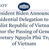Nhà Trắng công bố Phái đoàn đại diện Tổng thống Hoa Kỳ sang viếng Tổng Bí thư