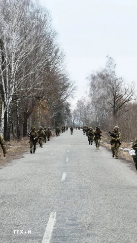 Binh sỹ Ukraine diễn tập quân sự tại một địa điểm không xác định. (Ảnh: AFP/TTXVN)