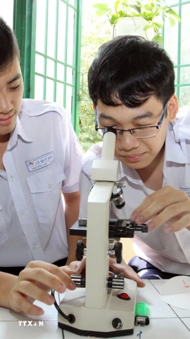 Học sinh lớp 11, trường THPT Lê Quý Đôn trong tiết học thực hành Sinh học (Thành phố Hồ Chí Minh). (Ảnh: Phương Vy/TTXVN)