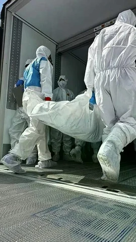 Các nhân viên chuyển thi thể binh sỹ Ukraine từ xe vận chuyển đông lạnh để hồi hương gần Novaya Guta, Belarus vào ngày 19/8. (Nguồn: AP)