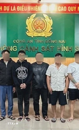 Nhóm đối tượng cho vay lãi nặng bị Công an Đồng Nai tạm giữ. (Ảnh: Công an Đồng Nai/TTXVN phát)