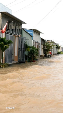 Nhiều hộ dân tại phường Hàm Liêm (Lâm Đồng) bị ngập sâu trong nước lũ. (Ảnh: Nguyễn Thanh/TTXVN)