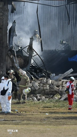 Lực lượng chức năng làm nhiệm vụ tại hiện trường vụ rơi máy bay ở bang Estado de México, Mexico. (Ảnh: THX/TTXVN)