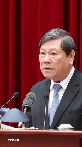 Ông Trần Văn Rón, Ủy viên Trung ương Đảng, Phó Chủ nhiệm Thường trực Ủy ban Kiểm tra Trung ương, trình bày báo cáo tại hội nghị. (Ảnh: Phương Hoa/TTXVN)