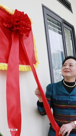 Phó Thủ tướng Phạm Thị Thanh Trà thực hiện nghi thức khánh thành phòng học thực hành Stem. (Ảnh: Đinh Thùy/TTXVN)