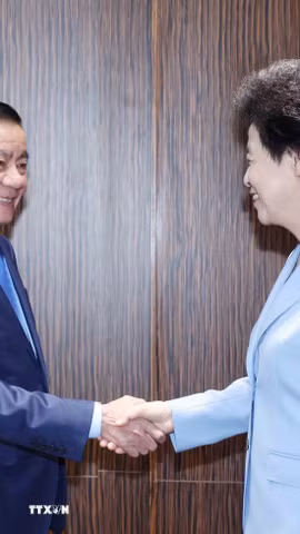 Thường trực Ban Bí thư Trần Cẩm Tú tiếp Phó Chủ tịch Chính hiệp Toàn quốc Trung Quốc Hàm Huy. (Ảnh: Phương Hoa/TTXVN)