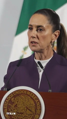 Tổng thống Mexico Claudia Sheinbaum phát biểu trong cuộc họp báo ở Mexico City. (Ảnh: THX/TTXVN)