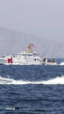 Tàu di chuyển tại Eo biển Hormuz. (Ảnh: IRNA/TTXVN)