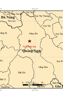Vị trí xảy ra động đất 4,0 độ sáng 21/2 ở xã Măng Đen, tỉnh Quảng Ngãi.