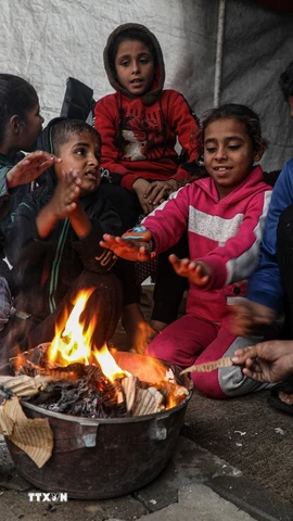 Trẻ em Palestine sưởi ấm tại khu lều trại tạm ở thành phố Gaza. (Ảnh: THX/TTXVN)