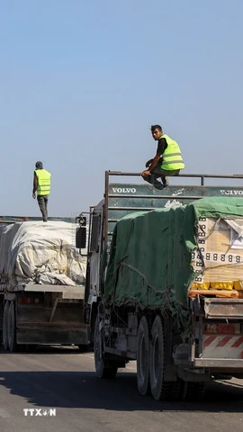 Đoàn xe chở hàng viện trợ nhân đạo tại Deir al-Balah, miền Trung Dải Gaza. (Ảnh: THX/TTXVN)